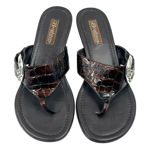 BRIGHTON LARK WEDGE SANDALS BROWN SILVER PATENT CROCODILE THONGS SLIP ONS SIZE 8 - Picture 1 of 7